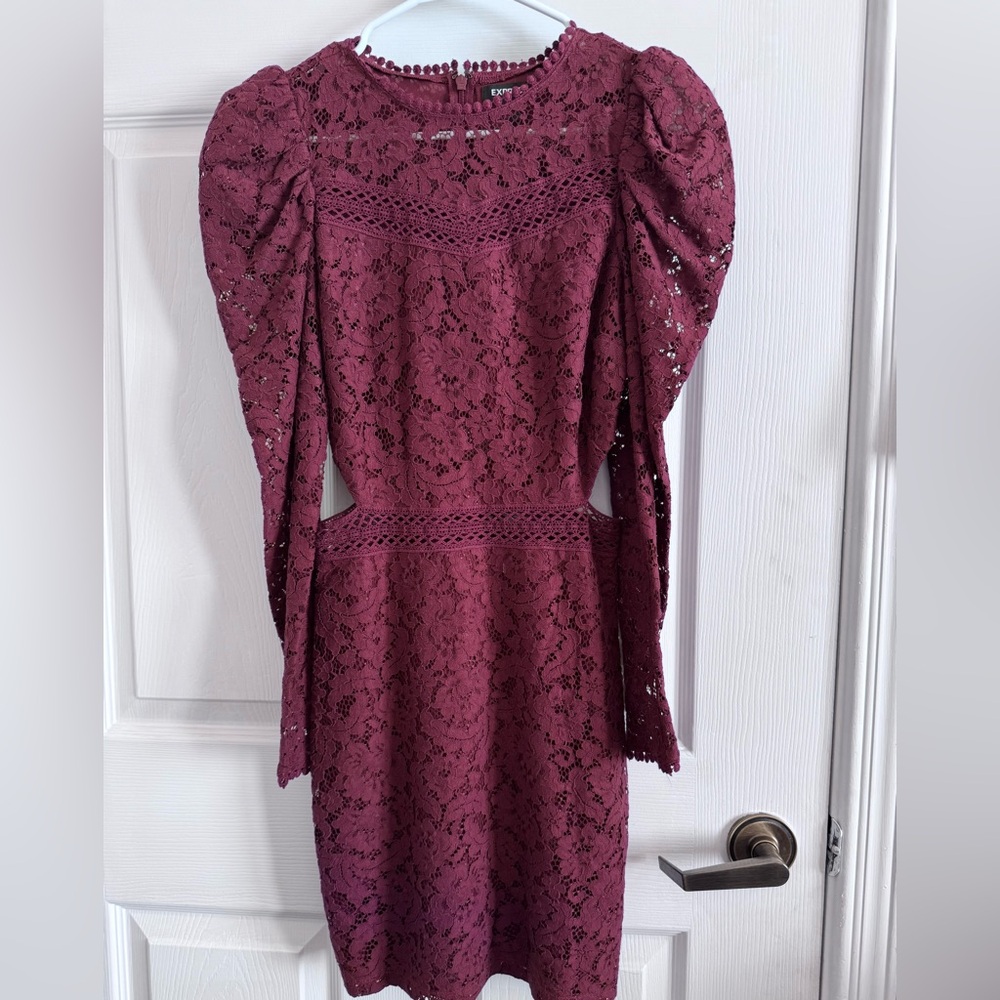 Express Burgundy Lace Puff-Sleeve Long Sleeve Dress